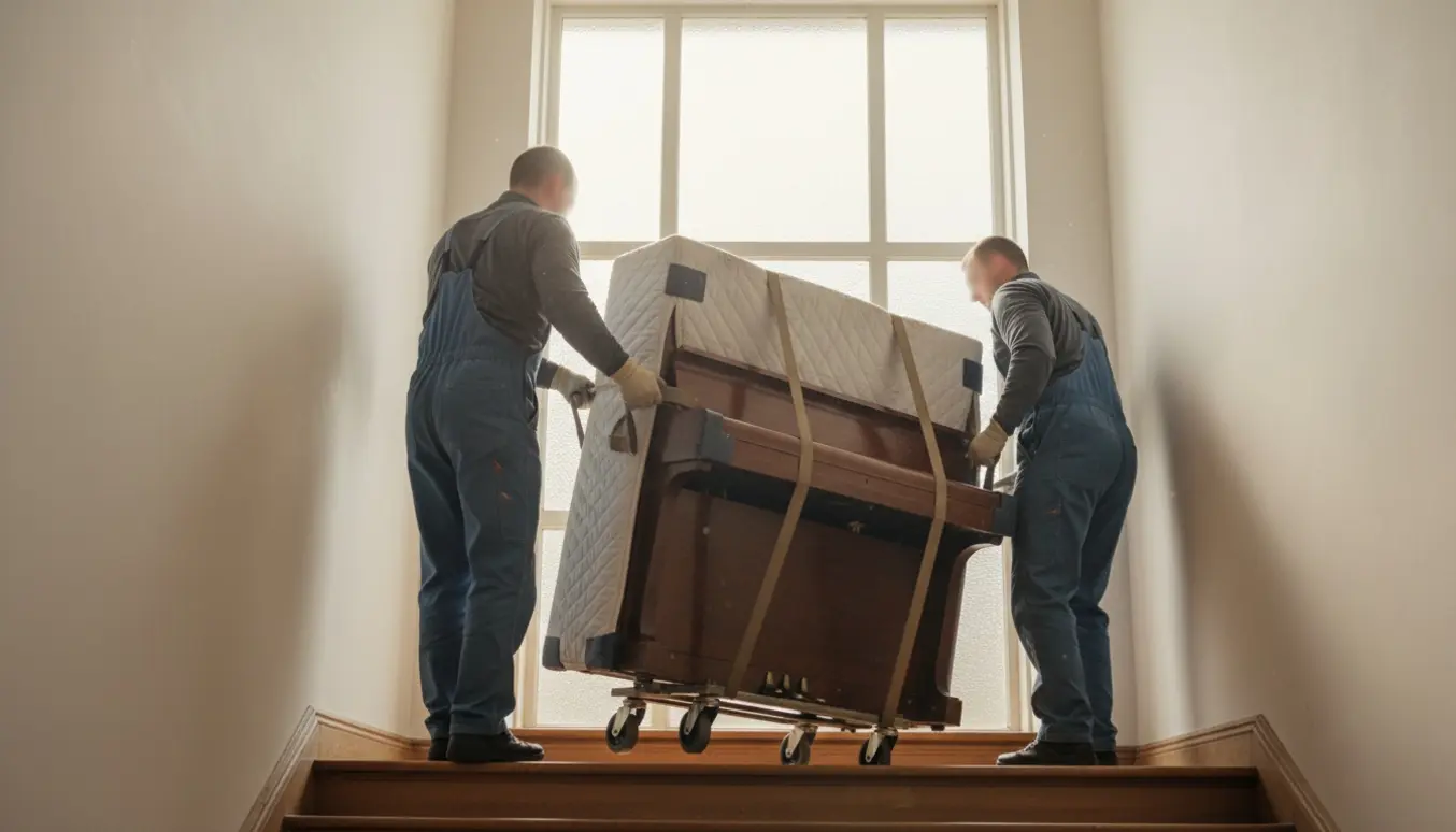 Et mindre opretstående klaver bæres forsigtigt ned ad en bred trappe i en lys lejlighed, pakket ind i tæpper og løfteremme.