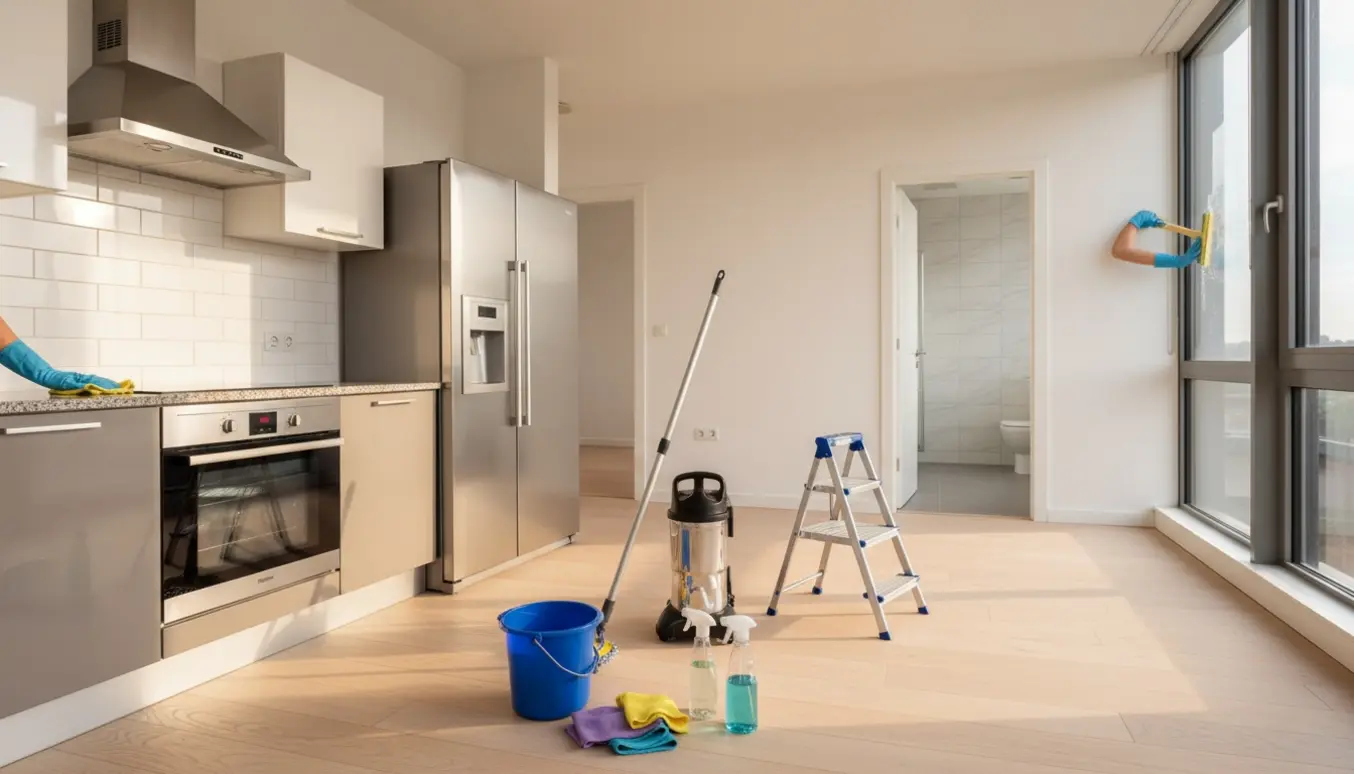 Tom lejlighed under flytterengøring med rengøringsudstyr, skinnende køkkenapparater og sollys gennem store vinduer.