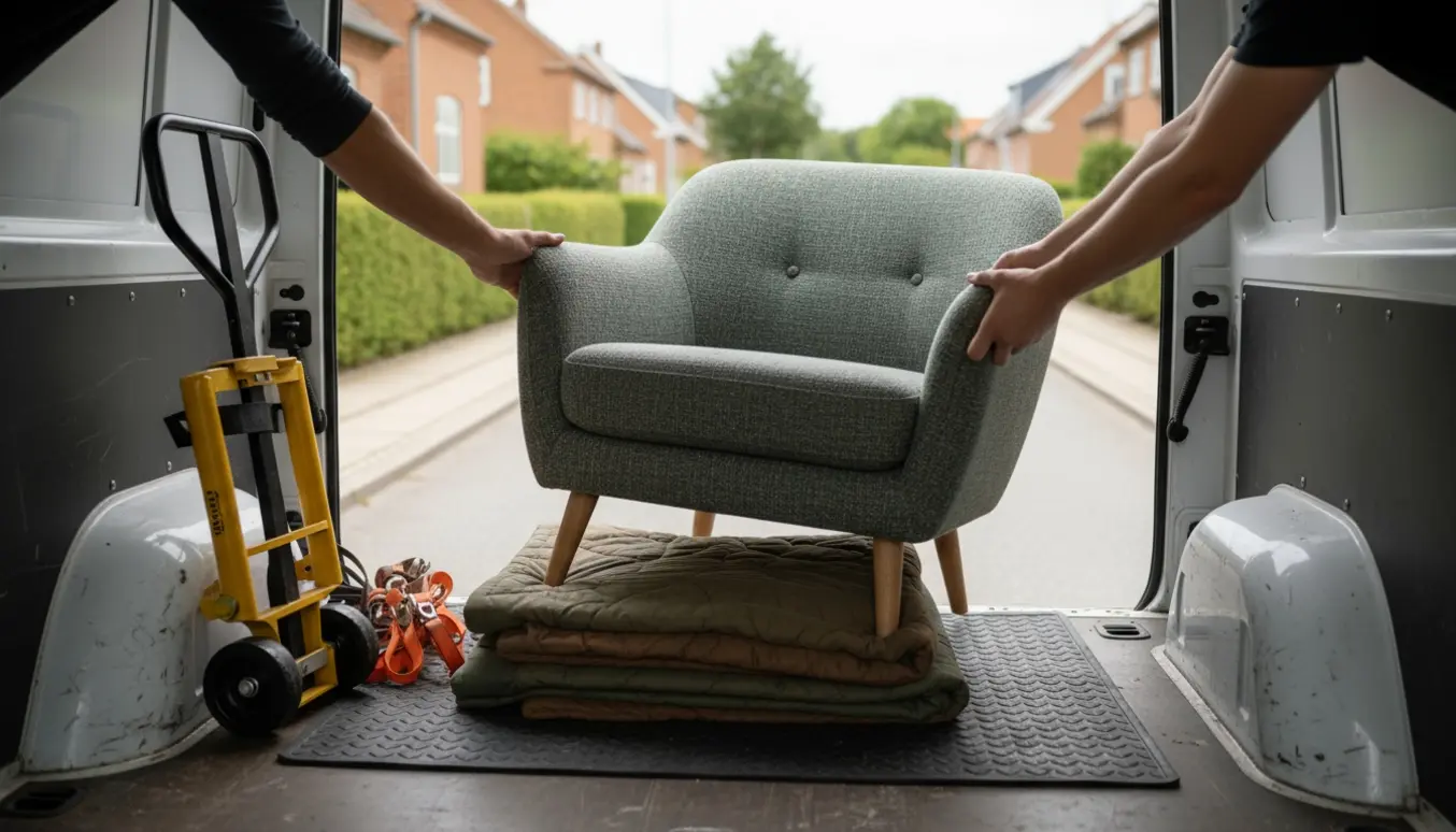 Polstret lænestol læsses i en varevogn på en stille dansk villavej.