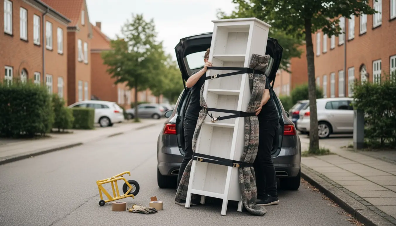 En Hemnes-lignende reol pakket i flyttetæpper og fastspændt i bagagerummet på en bil, klar til transport.