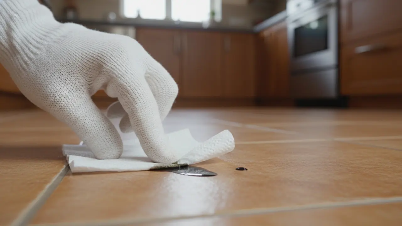 Hånd dupper overskydende olie af flise med køkkenrulle