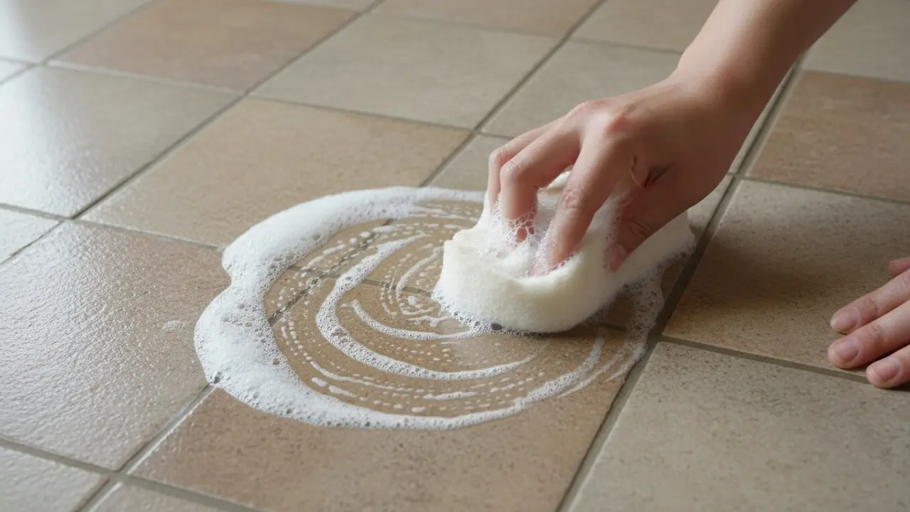 Person skrubber olieplet på flise med svamp og sæbeblanding