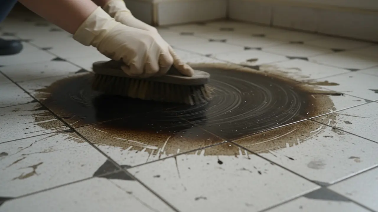 Person skrubber fra midten og spreder olie over flere fliser