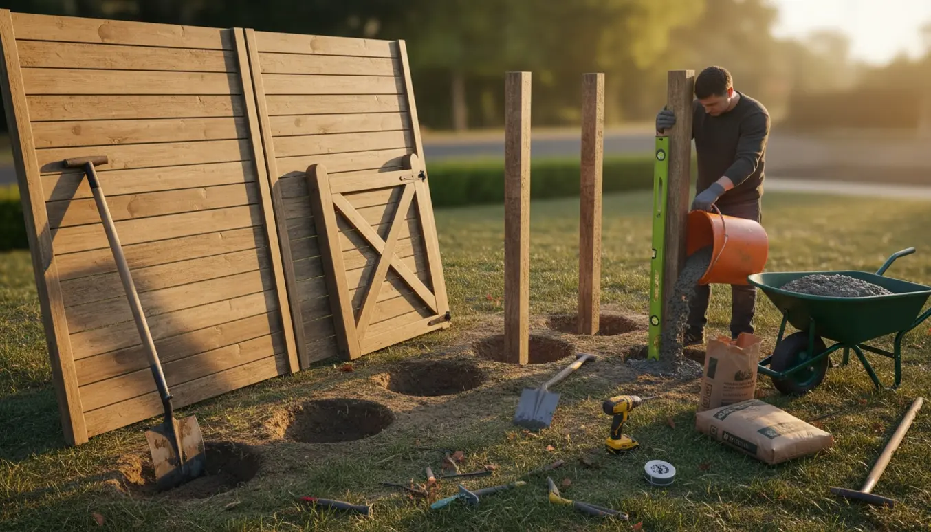 Opsætning af trælamelhegn med stolper støbt i frisk beton, omgivet af værktøj i en have.
