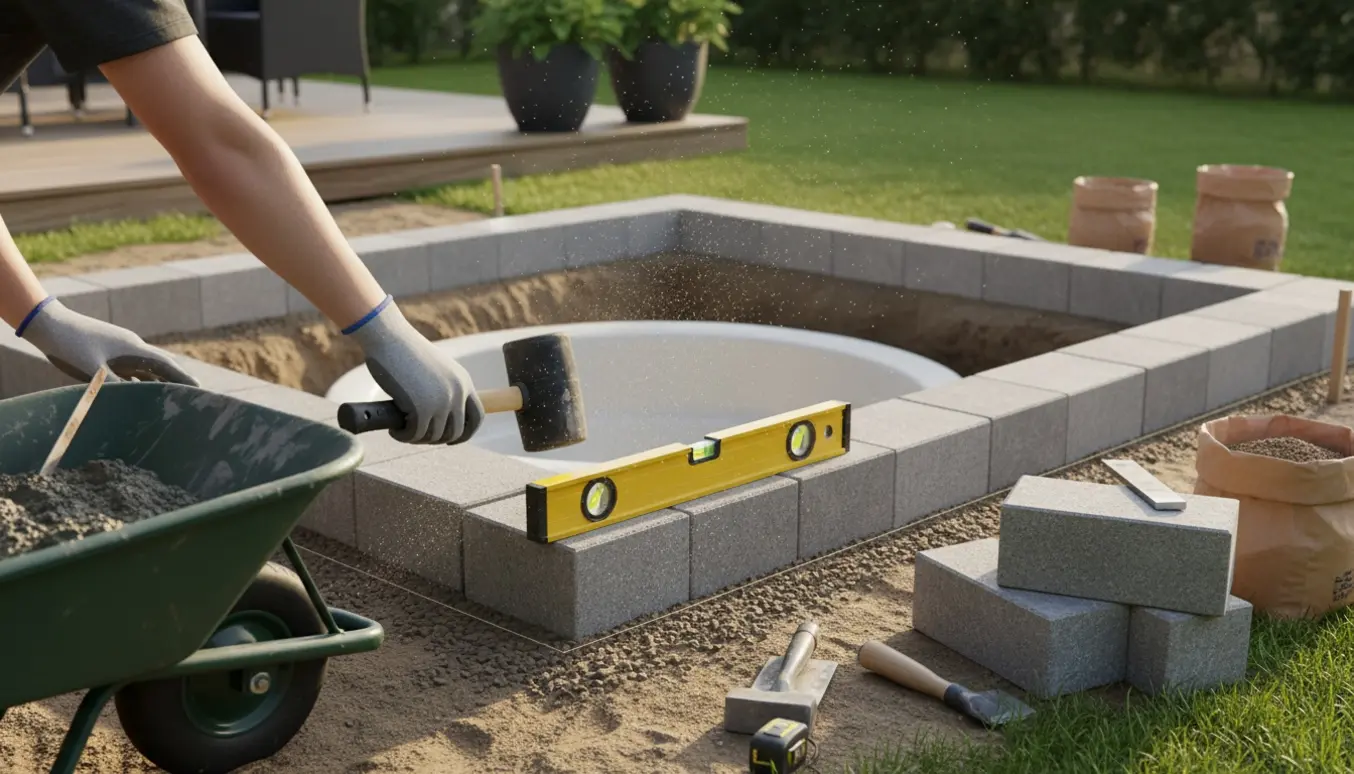 Albertslund-kantsten lægges omkring en nedgravet spa i en solrig baghave.