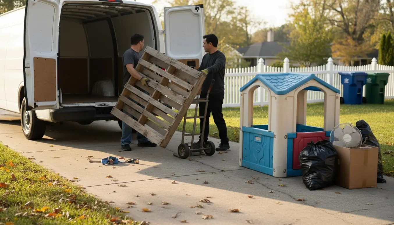 To personer laster paller og et gammelt legehus ind i en varevogn på indkørslen.