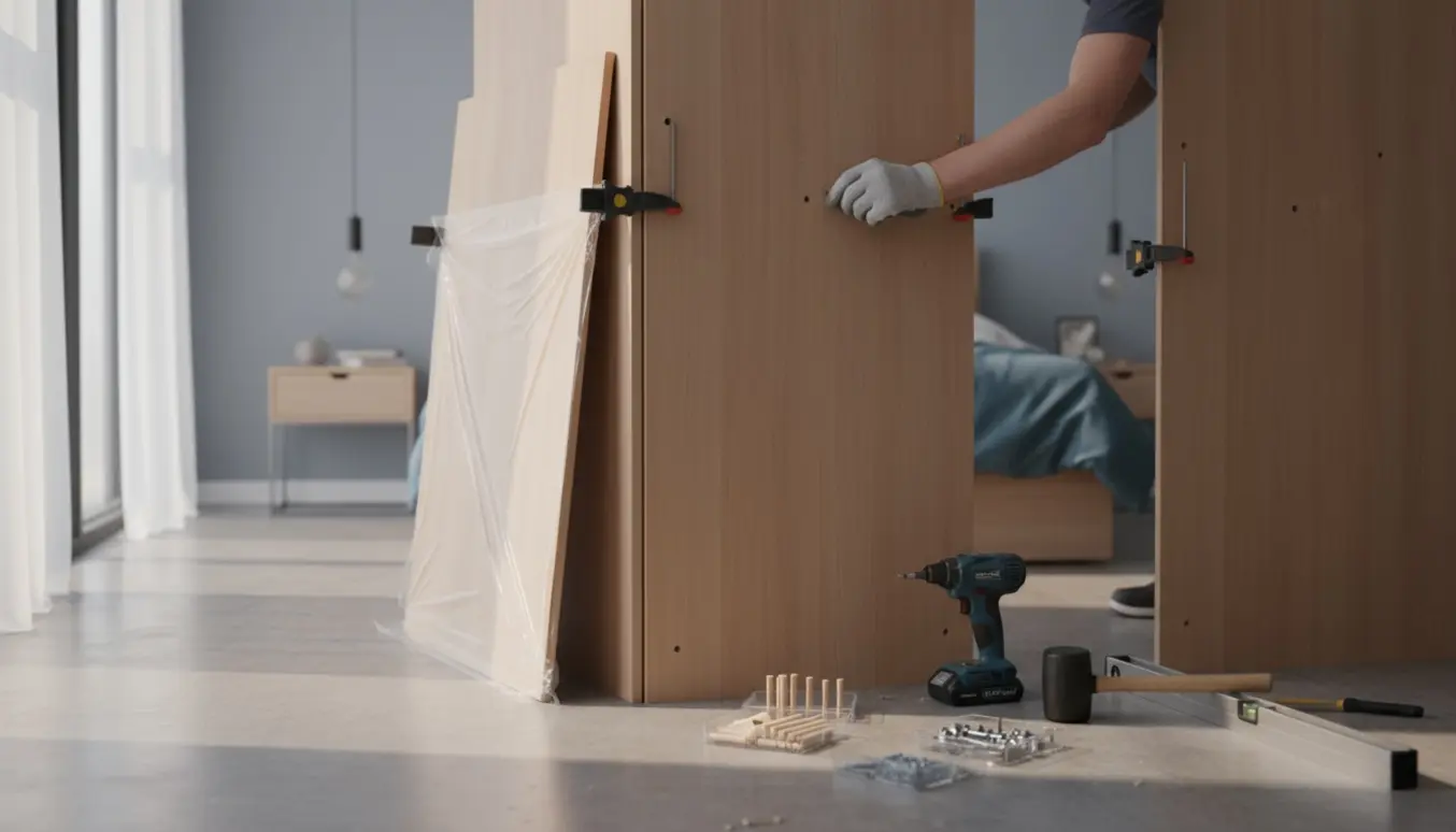 Delvist samlet IKEA-garderobe med hænder, der sammenføjer en sidesektion ved hjælp af trædyvler og skruer.