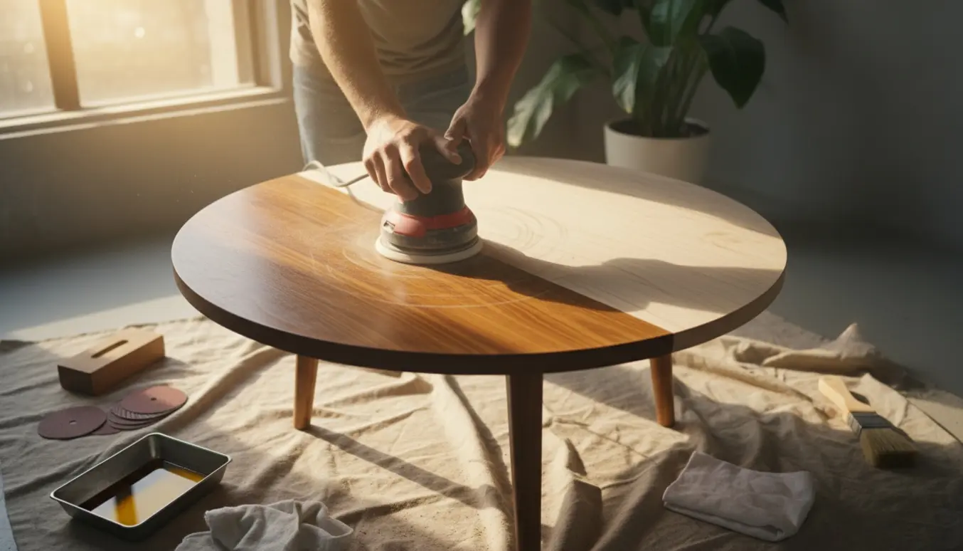 Hænder sliber et rundt massivt olieret sofabord, med halvt blank og halvt slebet overflade og fint træstøv i sollys.