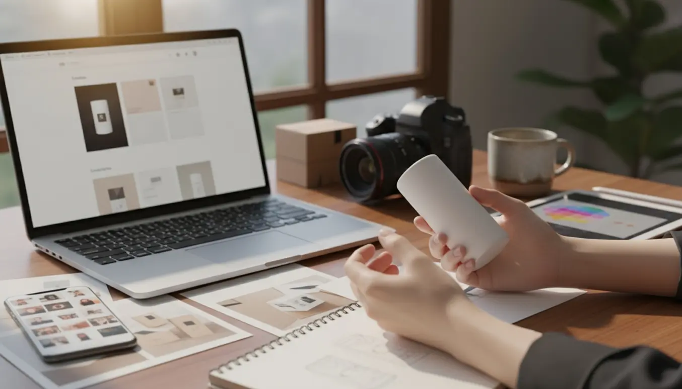 Nærbillede af hænder, der færdiggør en virksomheds hjemmeside ved en ryddelig arbejdsplads med laptop, tablet og produktprøver.