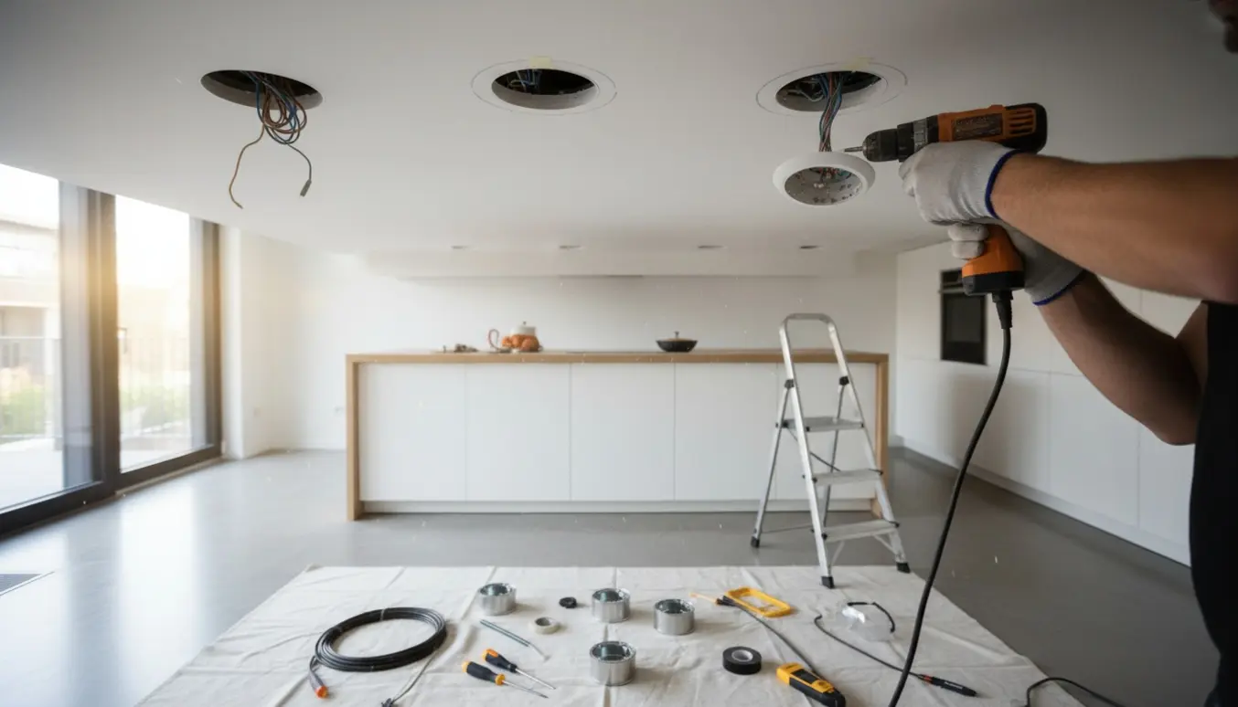 Hænder installerer fire indbygningsspots i et hvidt køkkenloft med åben lampehætte og værktøj på et beskyttelsesunderlag.