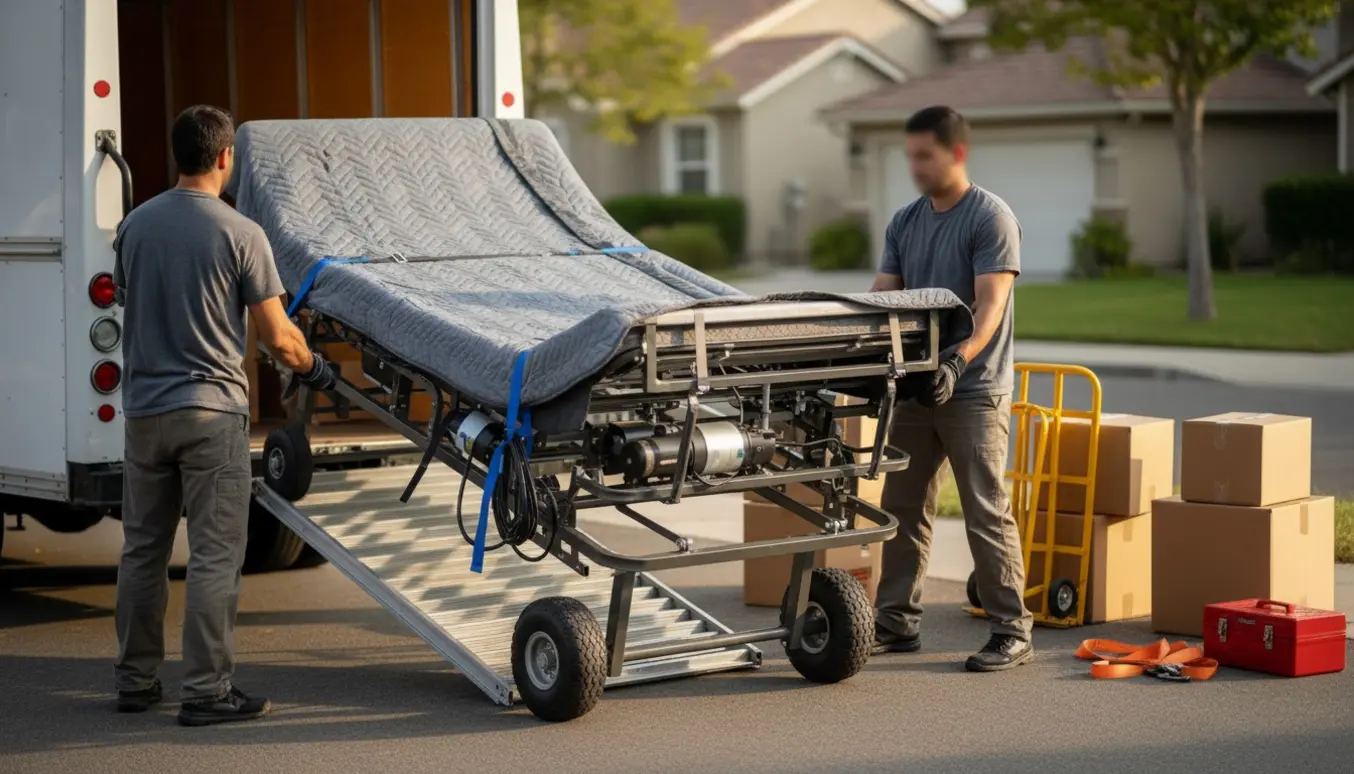 En elevationsseng uden madras læsses i en flyttevogn på en boligvej, båret af to personer med ansigter væk fra kameraet.