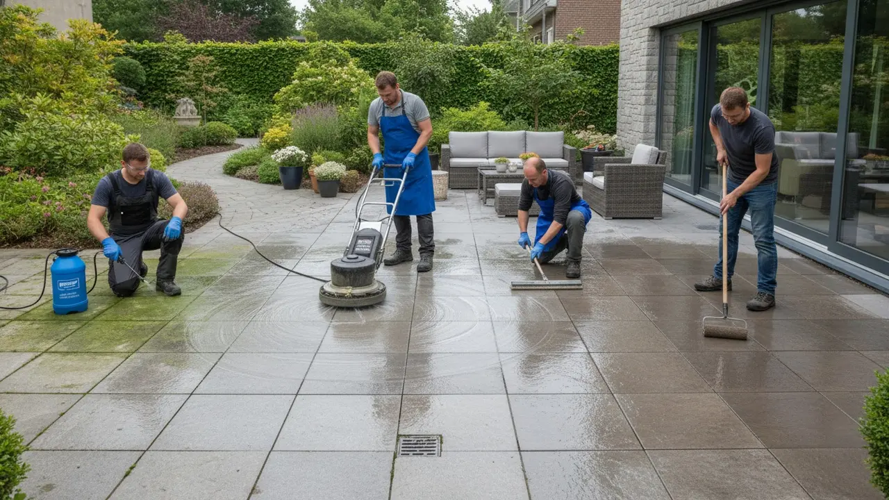 Bredt billede der viser fire-trins rensning: forbehandling, rens, efterbehandling og imprægnering