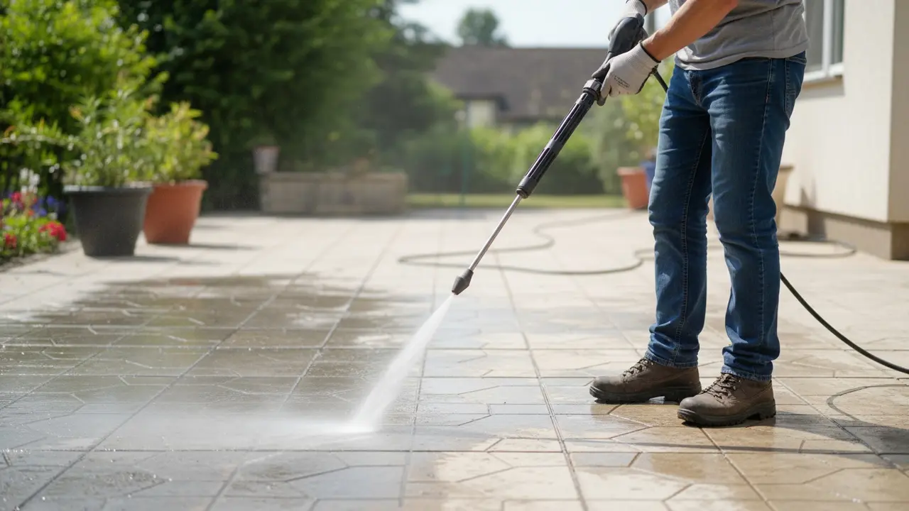 Person med højtryksrenser holder dysen ~30–40 cm fra fliseoverfladen i jævne baner