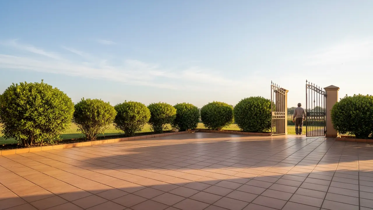 Solsiden af en terrasse med trimmede buske og tørre fliser i morgensol