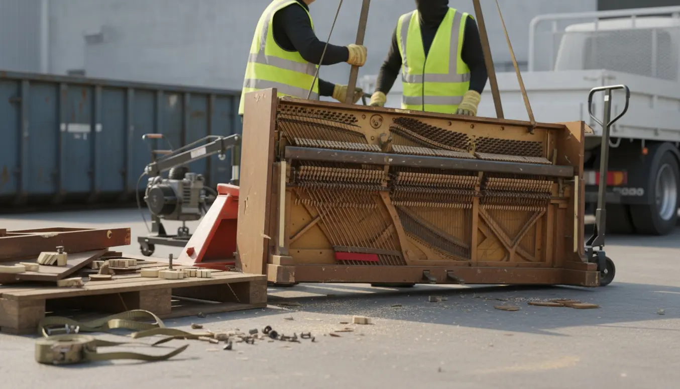 Et gammelt klaver løftes og ophugges på en flad genbrugsplads med værktøj og handsker i fokus.