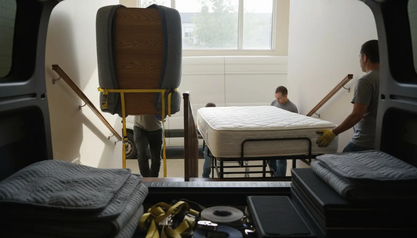 Egetræsbord bæres op ad en trappe, mens en elevationsseng bæres ned mod en varevogn.