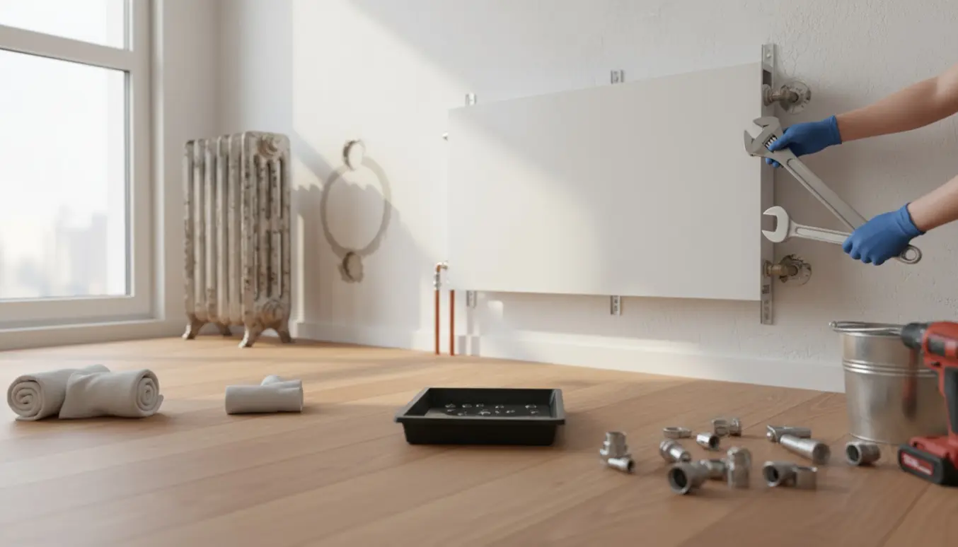 Hænder monterer en ny hvid radiator i et lyst værelse med værktøj og en gammel radiator i baggrunden.