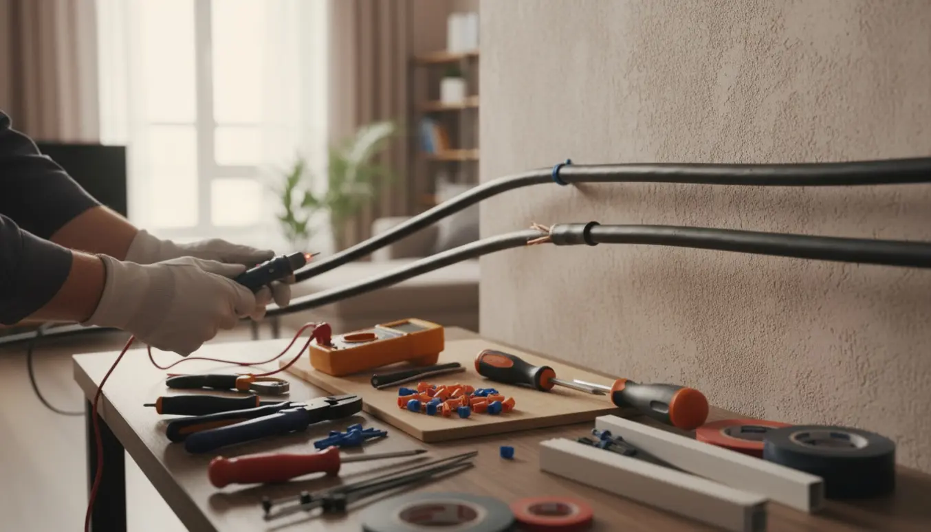 Elektriker tester og arbejder med løse ledninger, med værktøj og kabelkanal klar til installation.