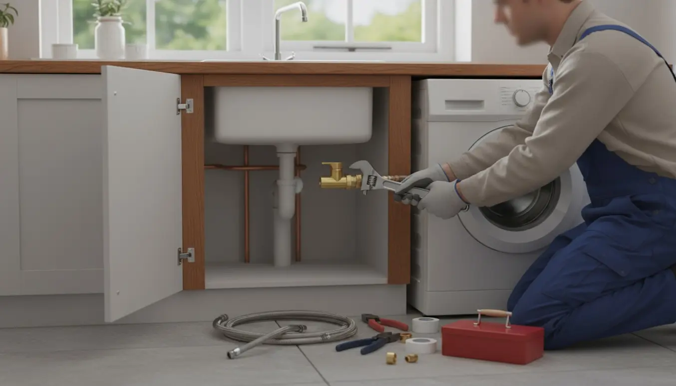 En VVS-montør forbinder en ventil under en åben køkkenvask, mens en fritstående vaskemaskine står foran vinduet.