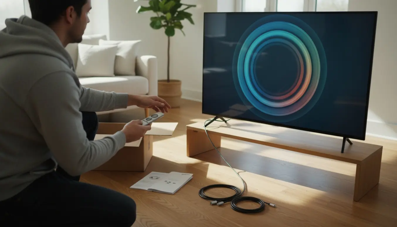 Ny 65 tommer fladskærm på mediebord under kanalsøgning med en hånd, der holder en fjernbetjening.