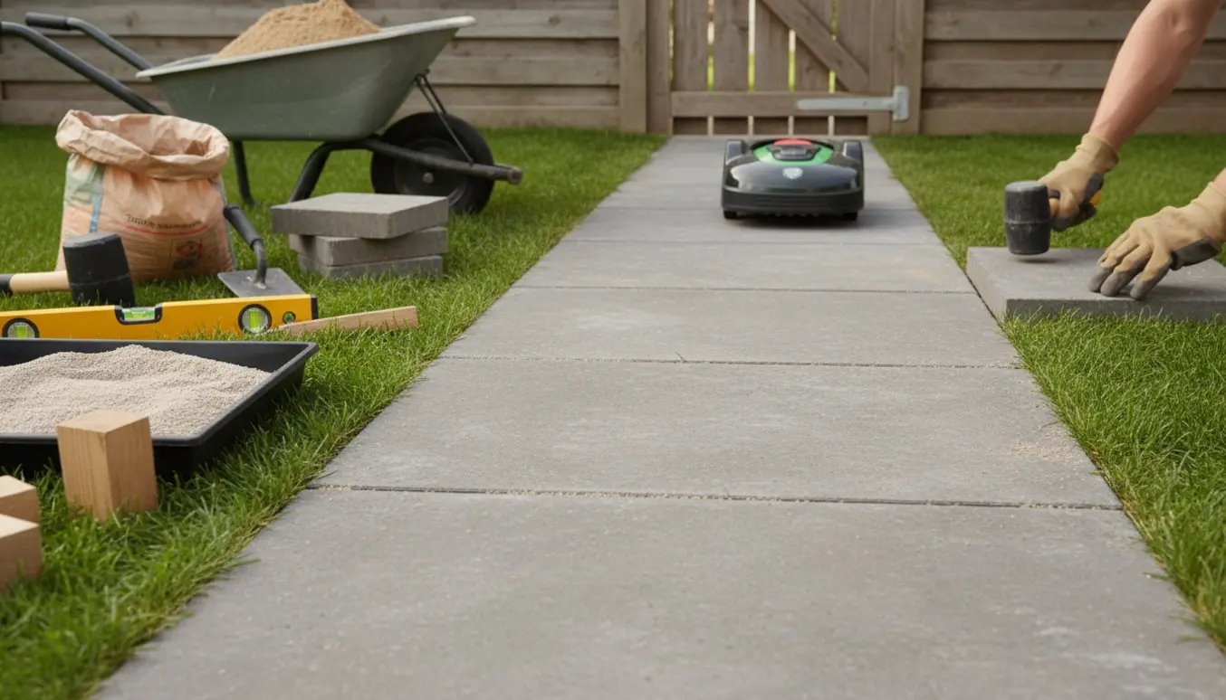 Fliseindgang til havelåge med store kvadratiske fliser lagt i niveau med græsplænen og en robotplæneklipper over rampen.