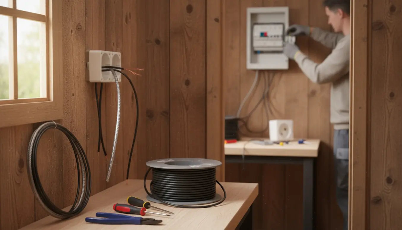 Hænder installerer nye stikkontakter i et træskur, mens et tykt kabel til varmepumpe trækkes fra bryggerset.