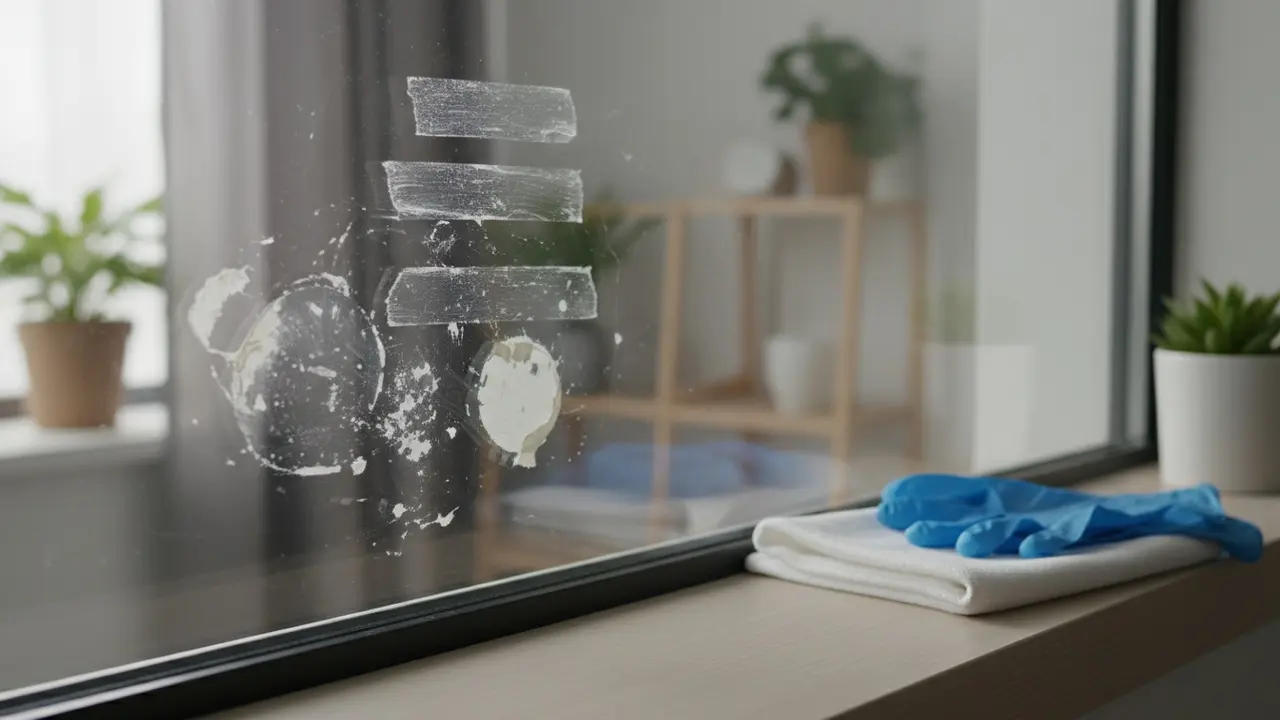 Nærbillede af glas med synlige limrester og klud ved siden af.