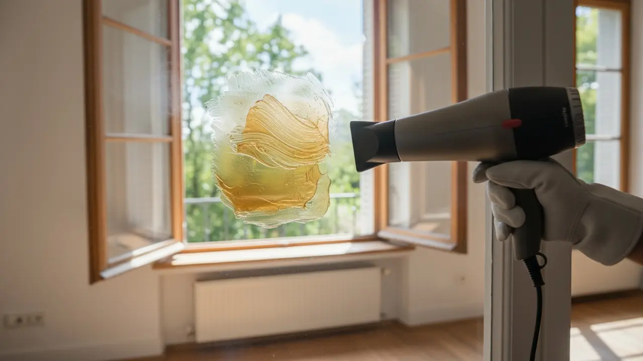 Person varmer lim med hårtørrer cirka 15–20 cm fra glas, iført handsker.