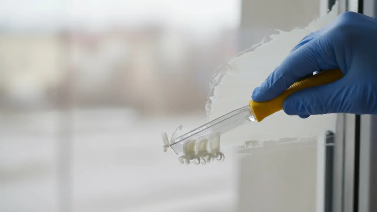 Plastikskraber i 45° vinkel fjerner blødgjort lim fra glas uden ridser.