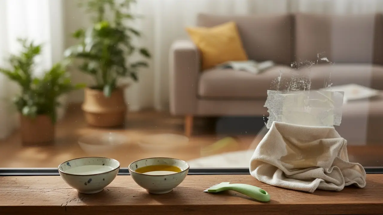 Eddike og olivenolie i skåle ved glas med mærkaterester, klar til behandling.