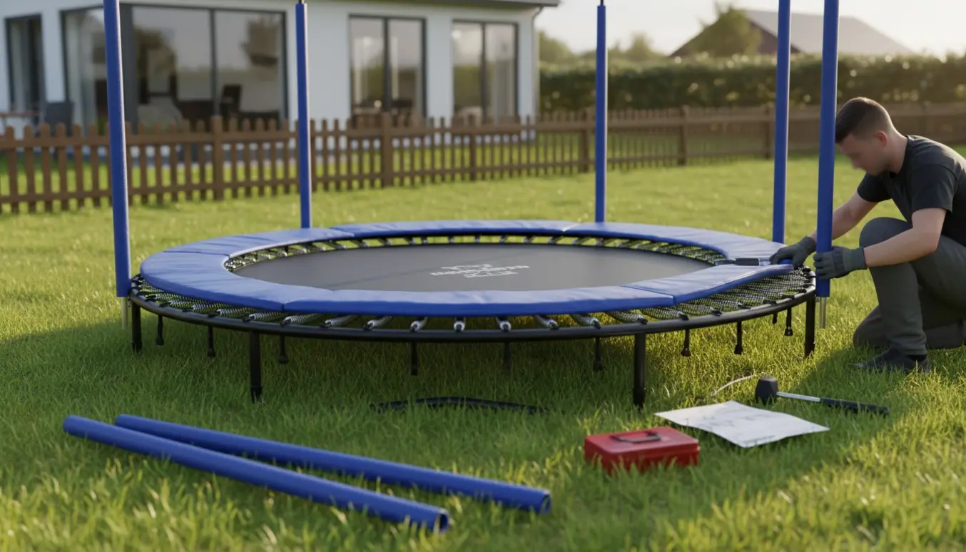 Delvist samlet rund trampolin på græs, en person monterer fjedre og beskyttelsespolstring uden at vise ansigt.