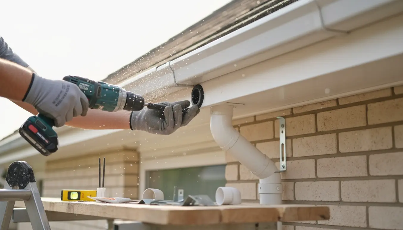 Hænder med handsker monterer et nedløbsrør fra en tagrende ned langs husmuren.