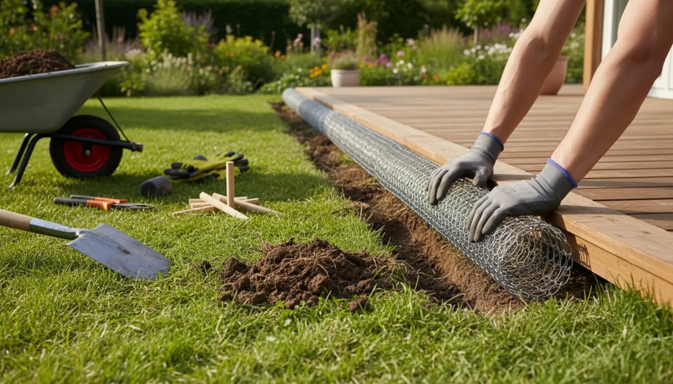 Gloves placerer galvaniseret rottespærre i en ca. 30 cm dyb rende langs en træterrasse.