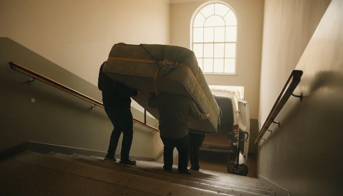 To personer bærer en stor boxmadras ned ad en trappe mod en ventende varebil, klar til afhentning og bortkørsel.