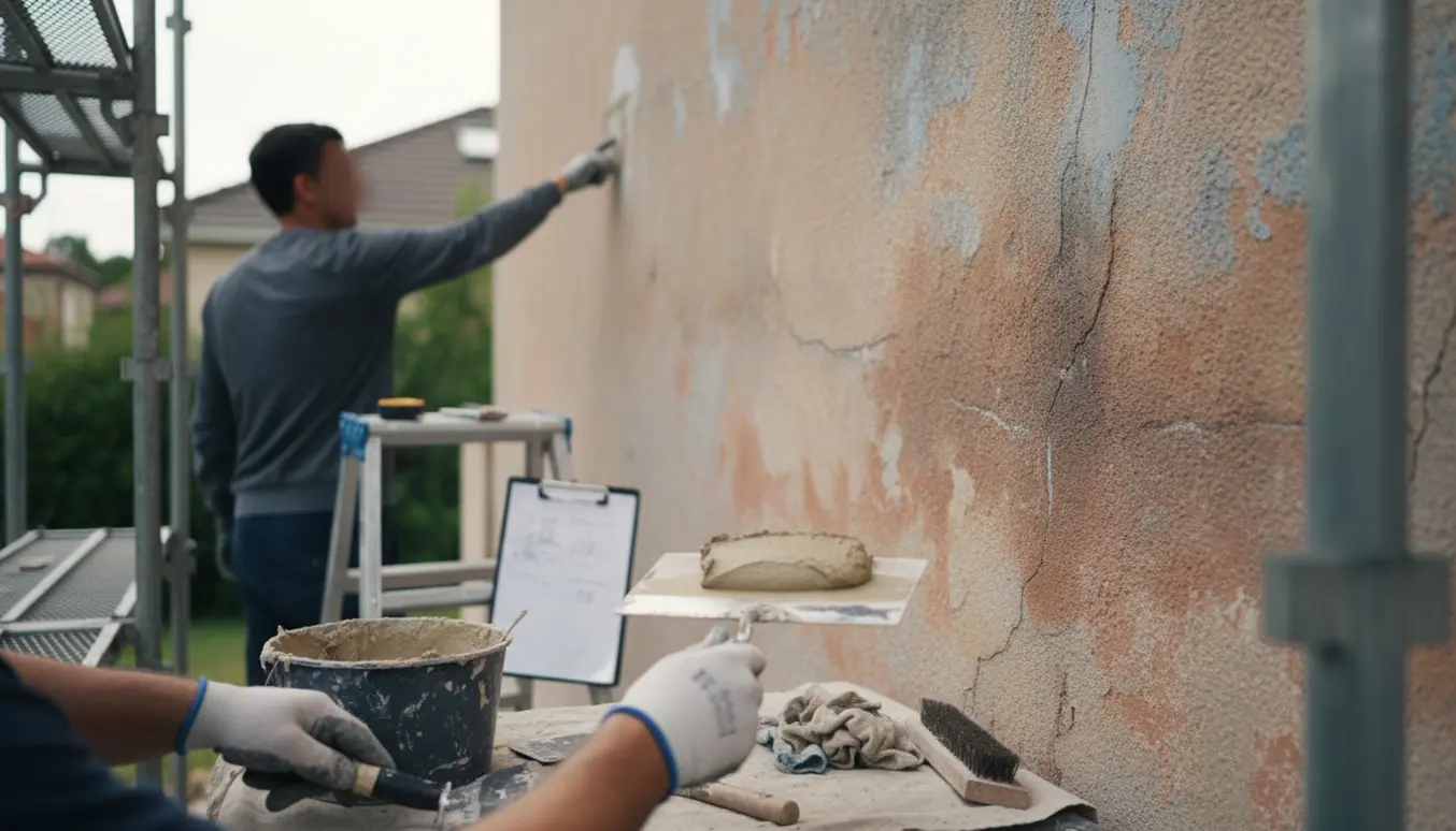 En håndværker inspicerer en revnet stucco-mur med murske og mørtel klar til reparation.