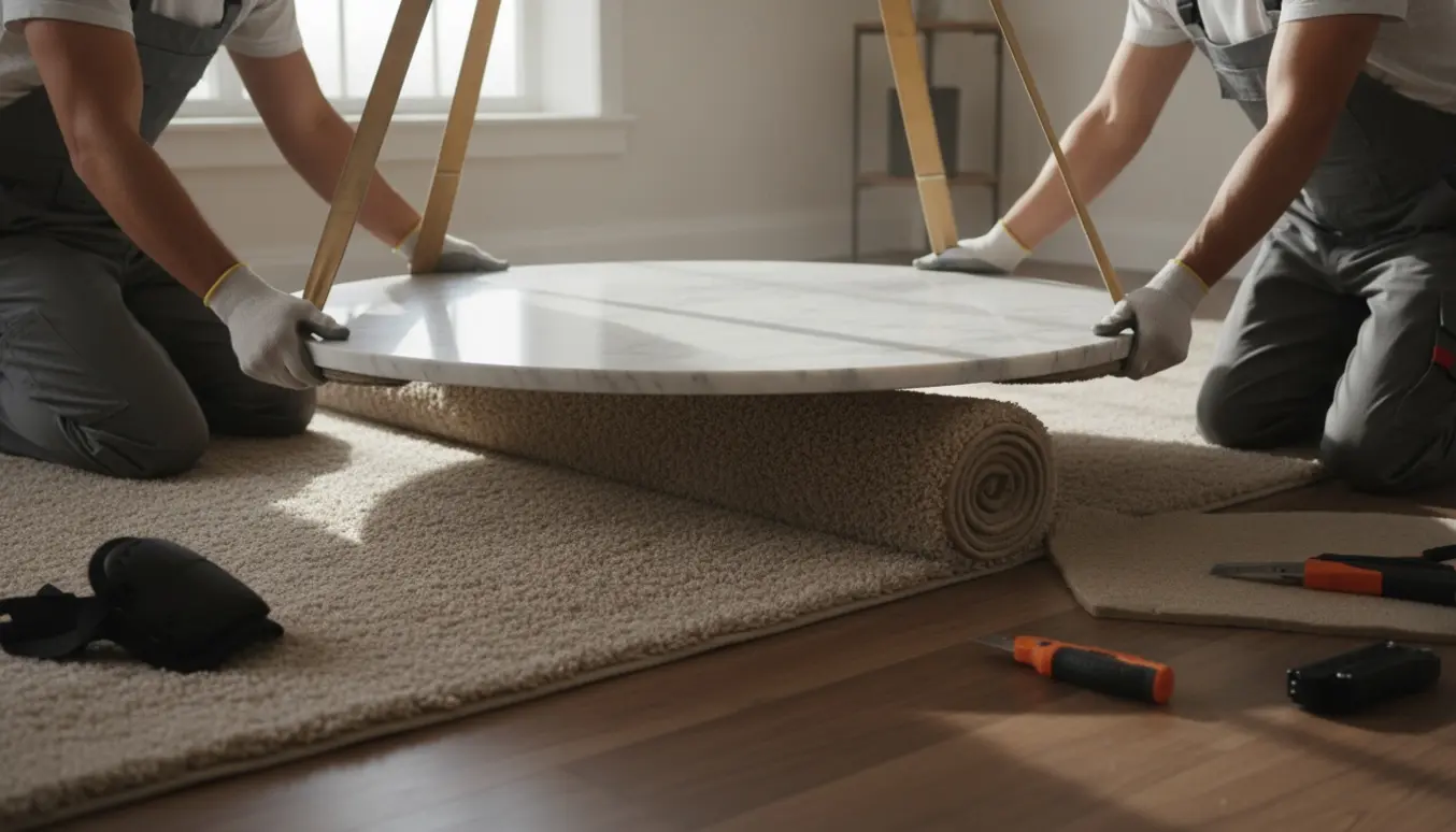 Tungt marmor sofabord løftes forsigtigt over et nyt tæppe under gulvlægning med hænder og værktøj i fokus.