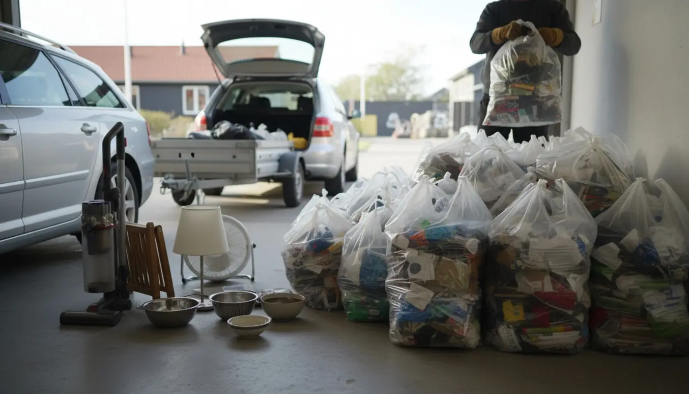 Klarplastposer og mindre indbo stablet i en carport ved en åben bil, klar til bortkørsel.