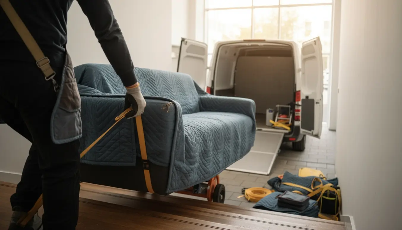 En flyttemand bærer en 90x200 cm sofa ned ad en trappe mod en åben varevogn.