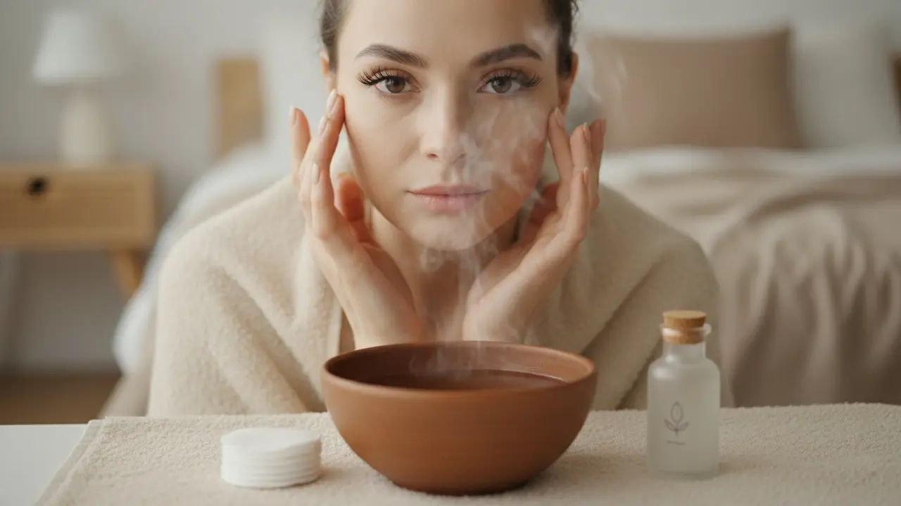 Forberedelse til skånsom fjernelse af øjenvipper med damp, håndklæde og produkter