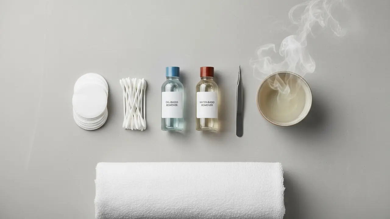 Oversigt over materialer: removere, vatpinde, pincet, skål med damp og håndklæde