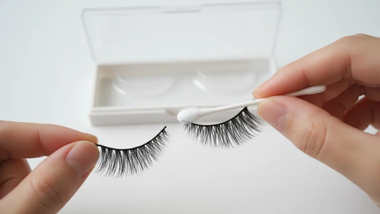 Rengøring af genbrugelige falske vipper med vatpind og mild sæbe før opbevaring