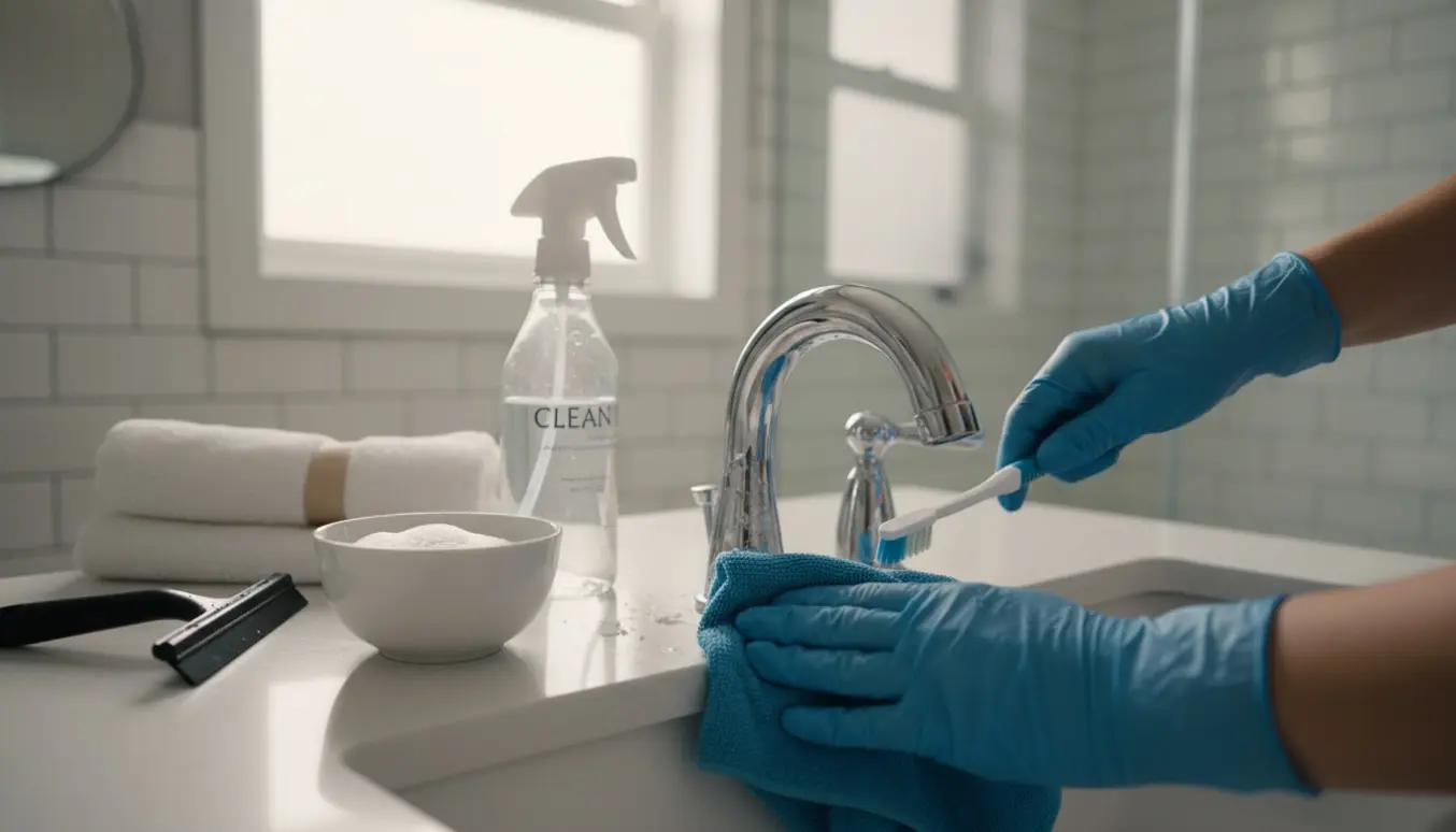 Hænder i gummihandsker afkalker og tørrer en kromhane i et lyst, velholdt badeværelse.