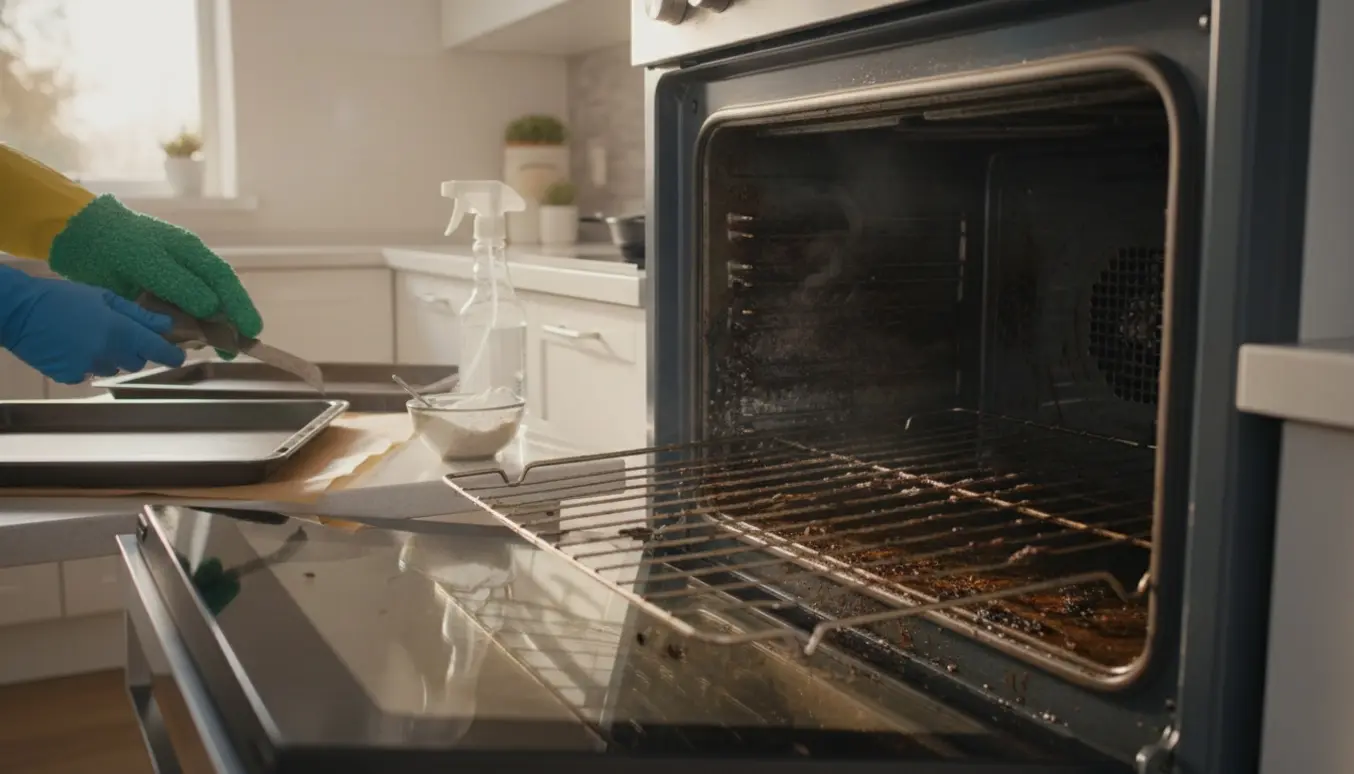 Handskar skrubber en snavset ovn med skuresvamp og rengøringsmiddel i et lyst køkken.