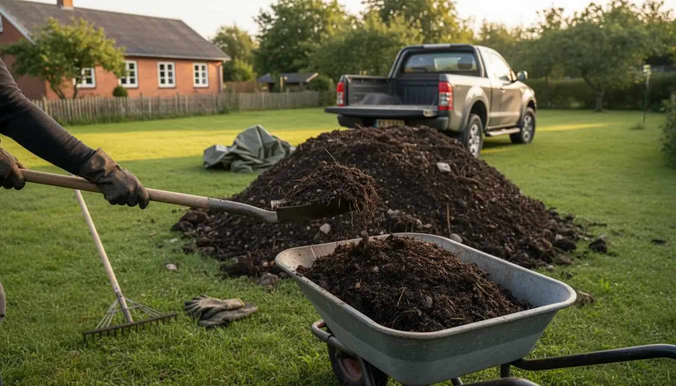 Stor bunke blandet jord ved indkørsel med skovl, trillebør og pickup klar til afhentning.