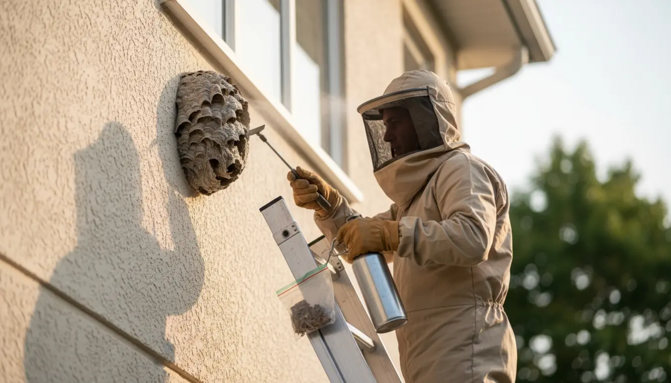 En tekniker i beskyttelsesdragt fjerner et hvepsebo på husets yderside ved et topvindue.