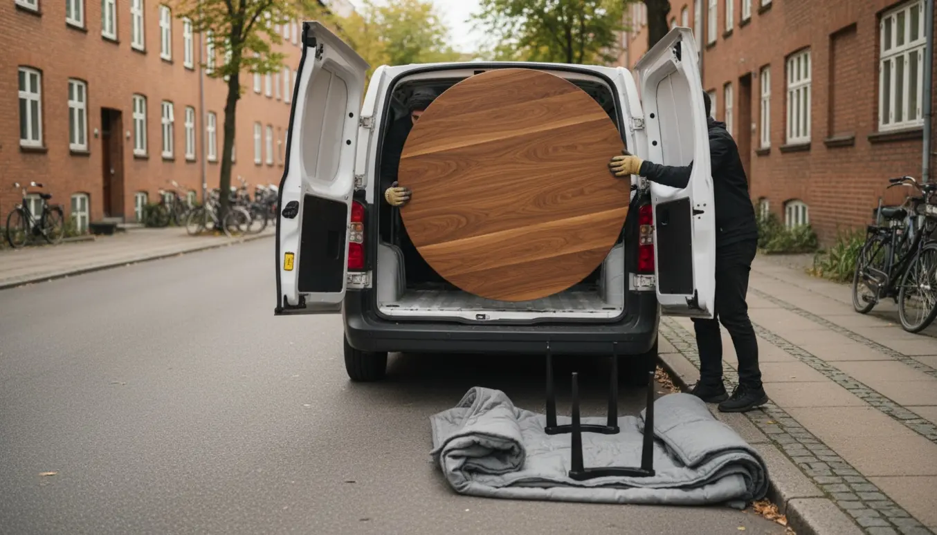 Rund spisebordsskive uden ben læsses ind i en varevogn på en stille Nørrebro-gade.