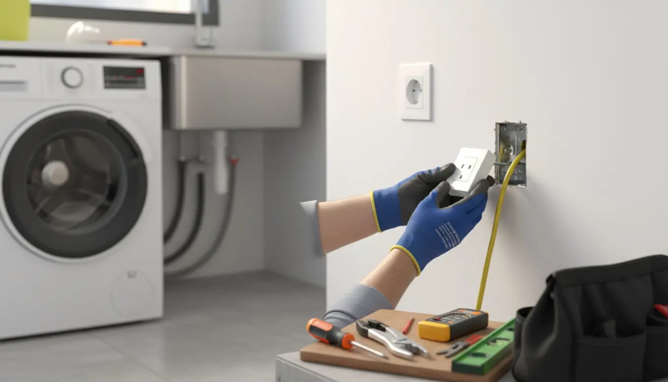 Nærbillede af hænder, der monterer en stikkontakt i et bryggers med vaskemaskine i baggrunden.