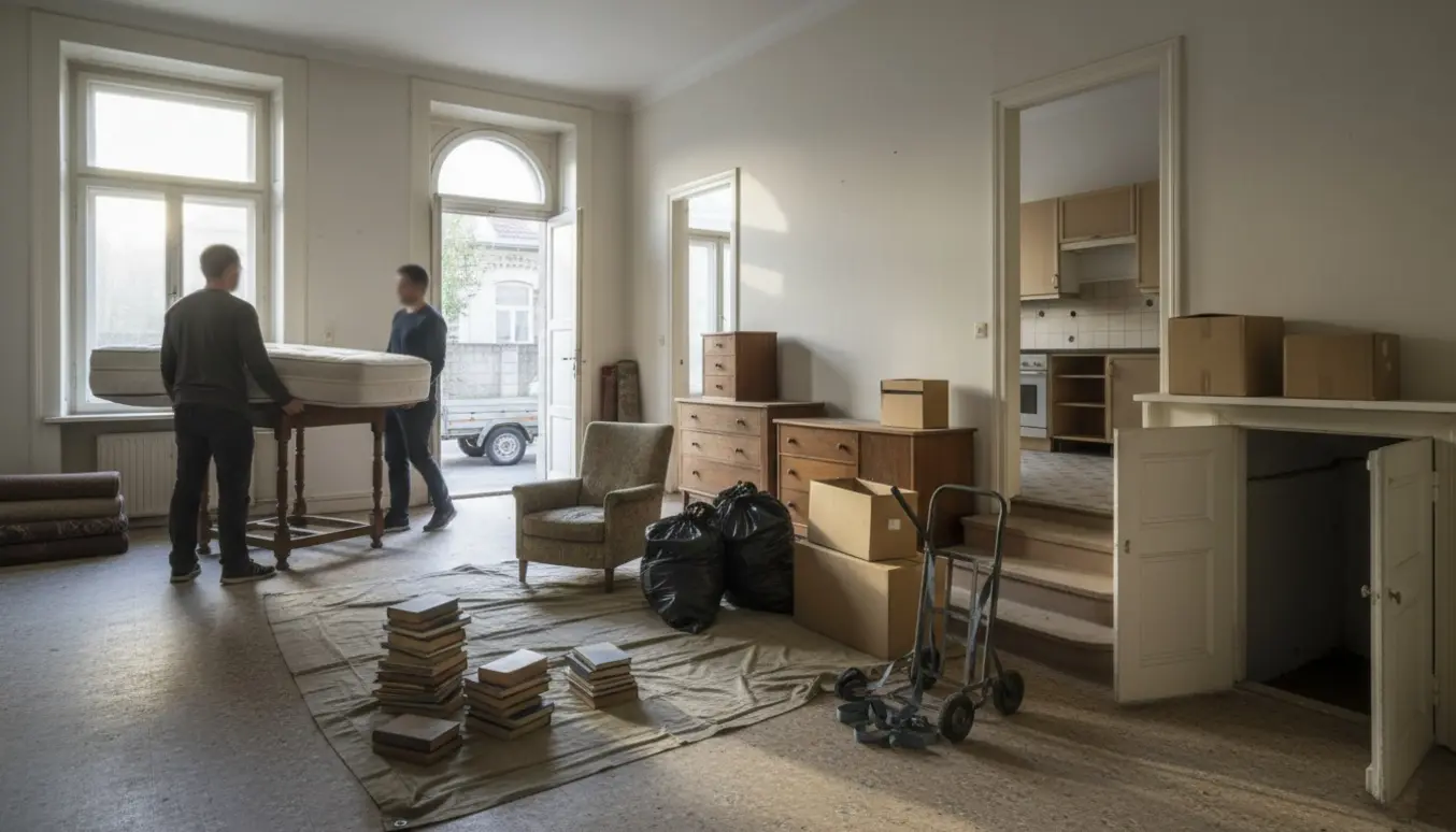 To flyttefolk bærer møbler ud fra en stue under rydning af dødsbo, med rullede tæpper, flyttekasser og trailer udenfor.