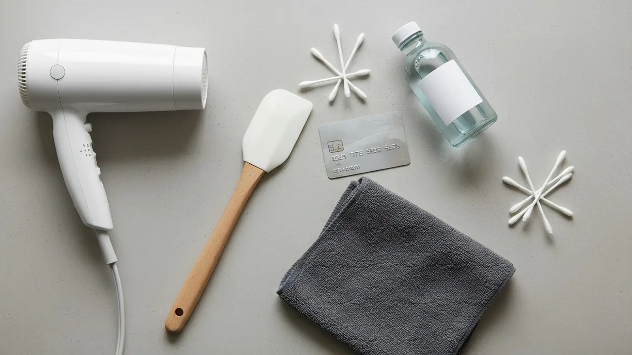 Oversigt over blide redskaber: plastikspartel, kreditkort, mikrofiberklud, sprit, vatpinde og hårtørrer.