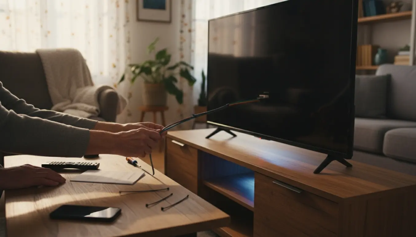 En nabo hjælper en ældre person med at tilslutte et TV, fokus på hænder og kabler i en hyggelig stue.